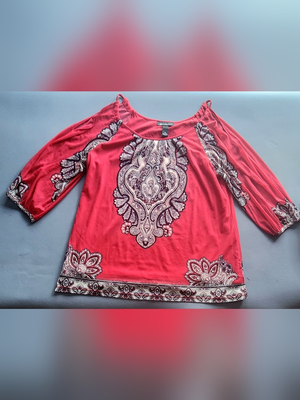 INC Red Paisley Cold Shoulder Blouse XL Boho